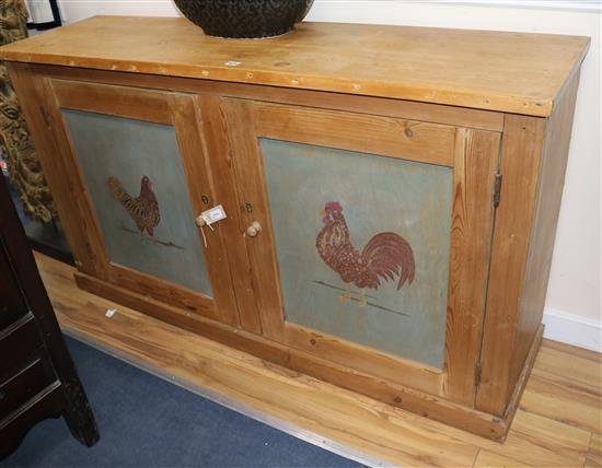A pine sideboard painted with chickens W.153cm